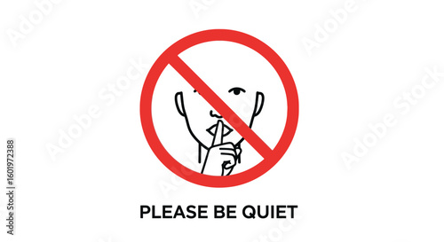 Shushing face symbol with red prohibition circle and text Please Be Quiet