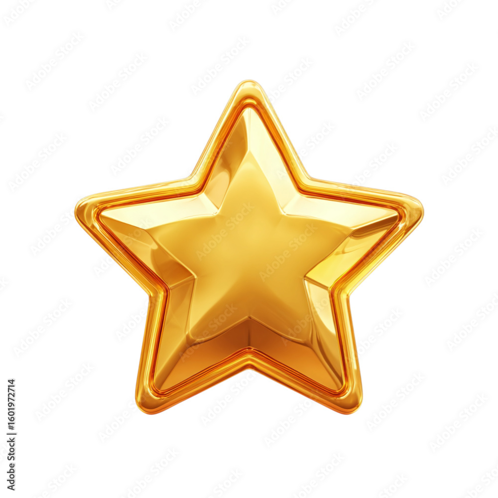 Obraz premium Shiny 3D gold metallic star icon. Bright symbol for awards or ratings, isolated on transparent background.