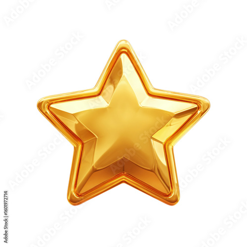 Shiny 3D gold metallic star icon. Bright symbol for awards or ratings, isolated on transparent background.