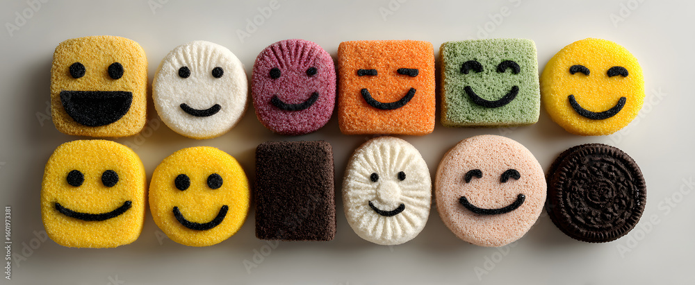 Obraz premium The cheerful collection of smiley face snacks on a white background.