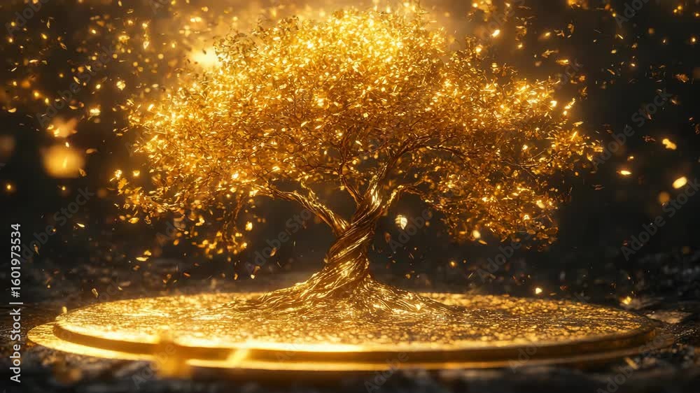 Fantasy tree made of gold with shimmering leaves standing on a round platform glowing in warm light, prosperity, energy, magic and growth in a mythical digital environment with sparkling particles