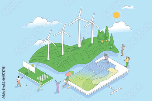 Sustainable energy concept with wind turbines solar panels and green landscape on a blue background