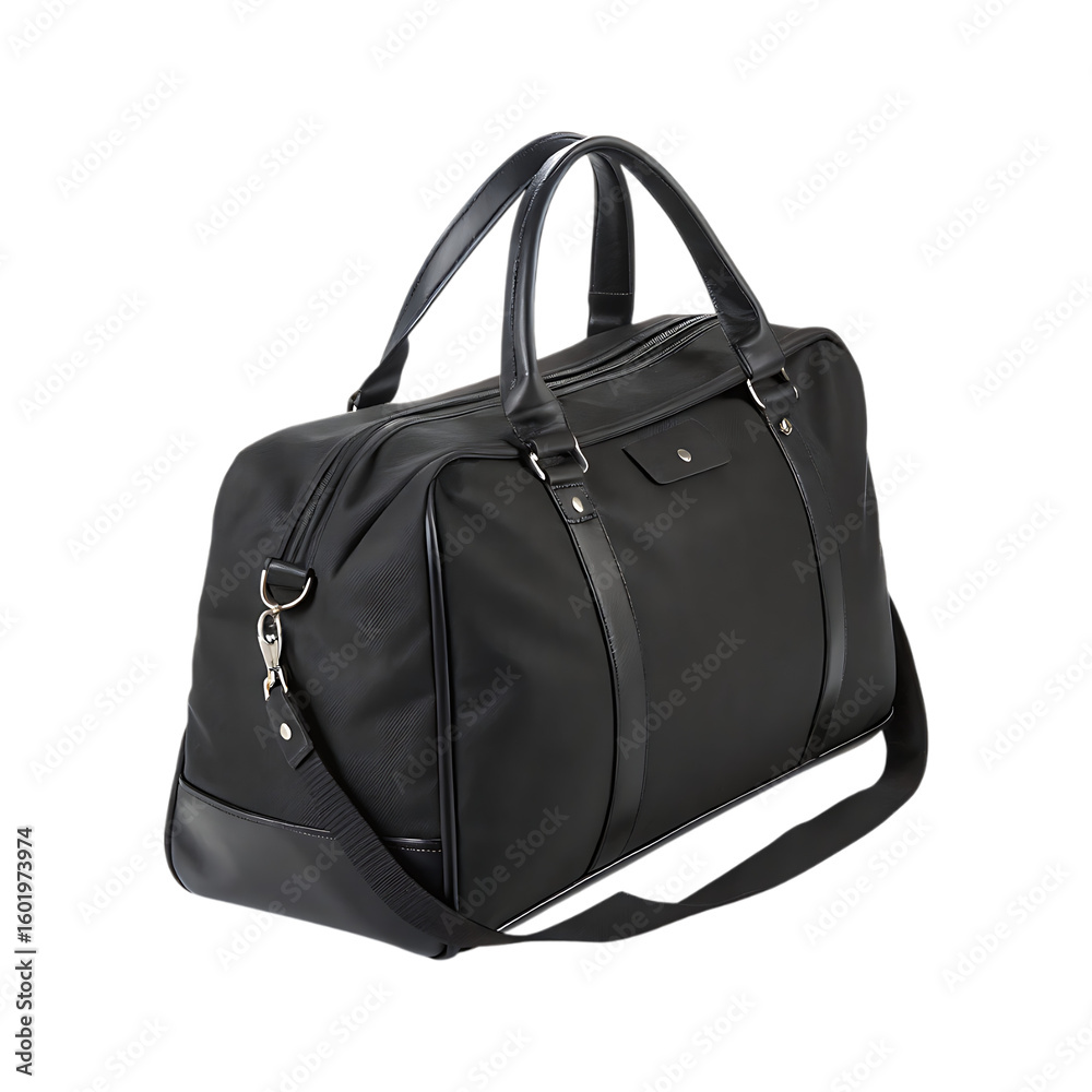 Fototapeta premium Black duffel bag with leather accents travel luggage