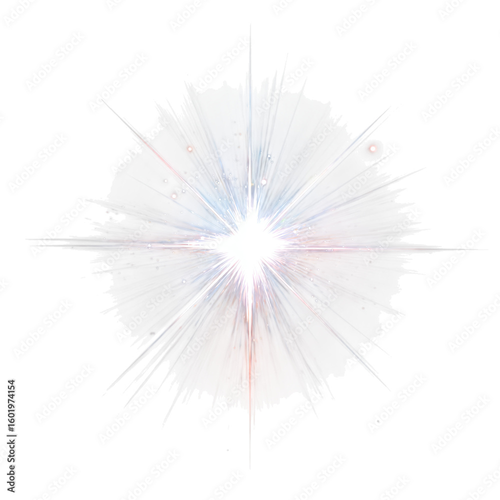 Fototapeta premium Bright white starlight glow burst. Star flare with radiating beams and shining core. Clean light sparkle overlay, isolated on transparent background.