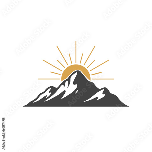 Stylized Mountain Peak with Sunrise or Sunset Logo for Outdoor Adventures