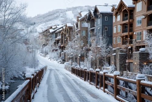 Homes Utah. Bridge Over Ski Run in Downtown Park City, Winter Vacation Homes in Utah Mountains