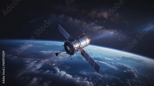 Satellite orbiting earth with the Milky Way in background a futuristic space exploration concept showcasing technology and global communication networks advancements in space