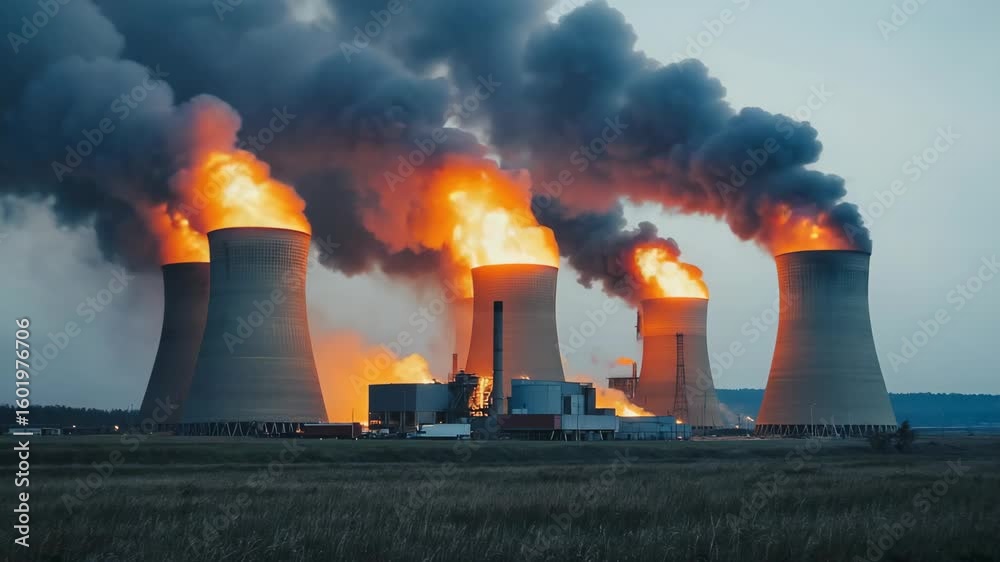 Exploding nuclear power plant with thick smoke and flames under open ...