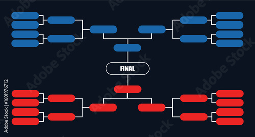A modern red and blue tournament bracket chart on dark background. Ideal for esports, gaming competitions, match scheduling, or sports playoff visuals.