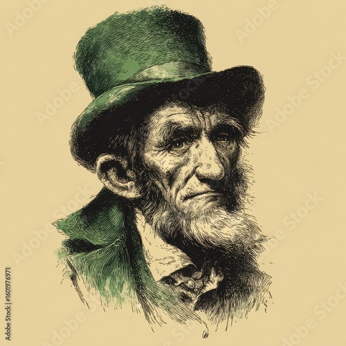 Leprechaun Face: Vintage Illustration of Old Leprechaun Person with Hat on St. Patrick's Day