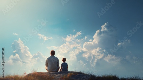 Like Father Like Son. Family Vacation on Summer Holiday with Rear View of Father and Son