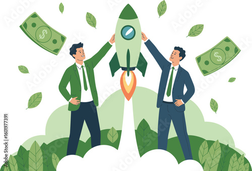 Two businessmen celebrating successful business launch with money flying and rocket taking off
