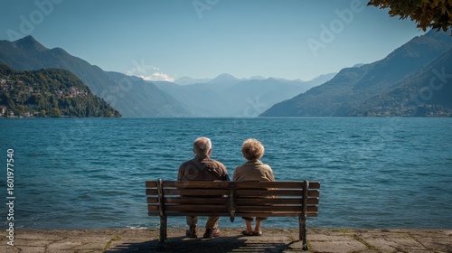 Mature Couple Mountains. Together on Bench By Water with Mountain and Sky View