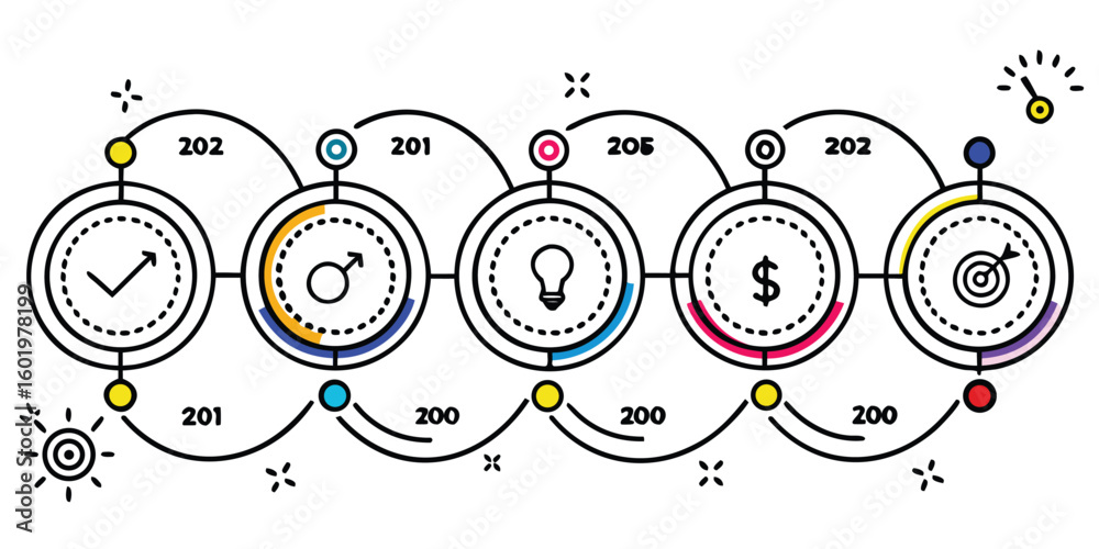 Fototapeta premium Circular timeline infographic with icons representing progress ideas and goals