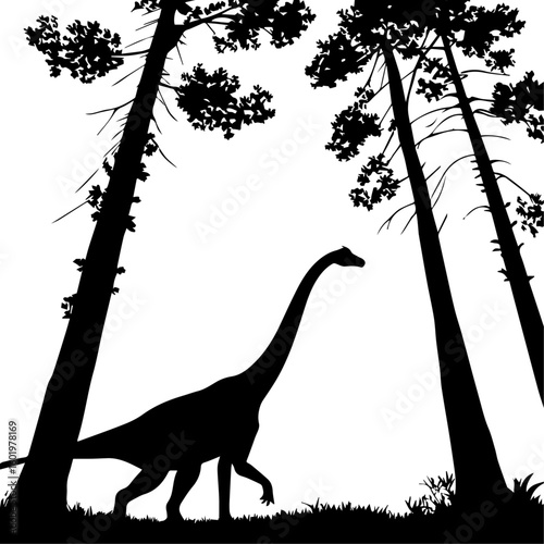 Brachiosaurus Dinosaur Silhouette in Prehistoric Forest