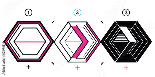 Three geometric hexagons with different internal designs and colors show progression