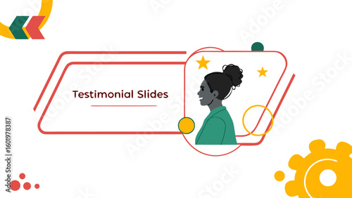 Illustration of testimonial slides with a woman in profile and abstract shapes on a white background