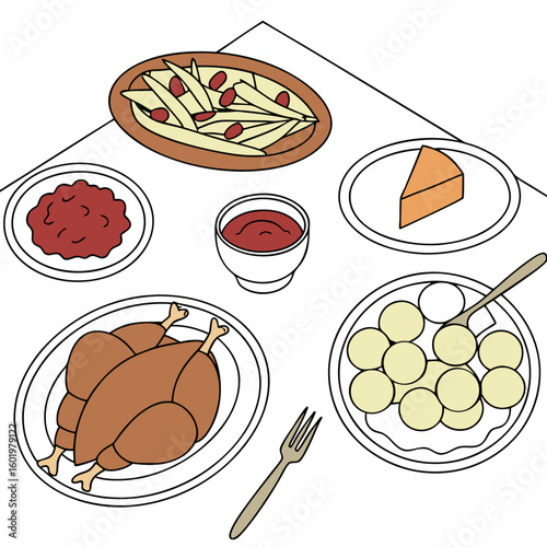 An overhead view of a thanksgiving dinner with turkey, mashed potatoes, salad, and cranberry sauce is shown
