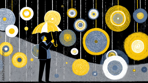 holding an umbrella in a rain of glowing orbs under a dark sky