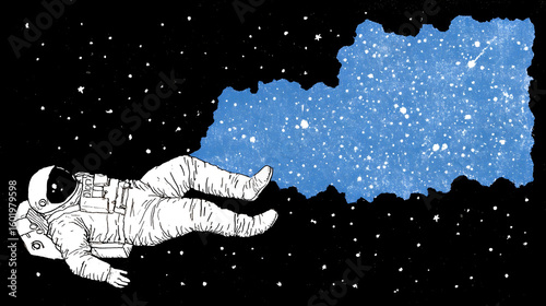 astronaut floating in a cosmic sea surrounded by stars and nebulous waves