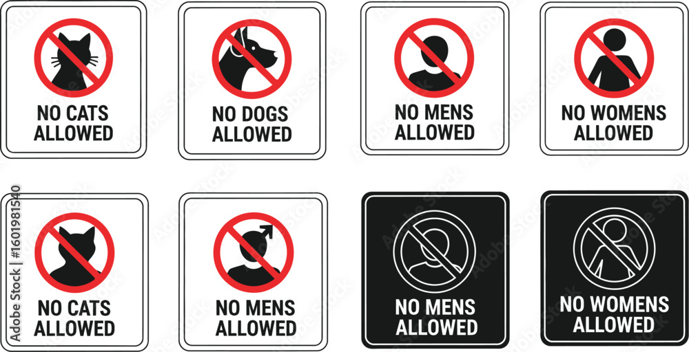 No pets allowed signs vector collection: no cats, no dogs, no mens, no womens allowed signs design No pets allowed signs vector collection: no cats, no dogs, no mens, no womens allowed signs design
