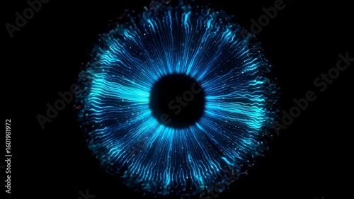 Futuristic glowing blue iris, sci-fi eye resembling biometric scan interface with neural lines, ideal for AI, cyber technology, visual recognition, data access and sci-fi digital identity concept
