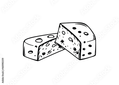Hand drawn sketch of two cheese wedges isolated on transparent background