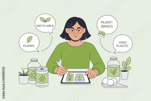 Woman surrounded by healthy plant based ingredients and products creating a recipe on a tablet