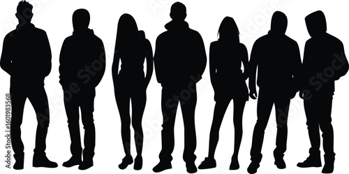 Silhouette of Seven People Standing Together Wearing Casual Clothes Isolated on White Background