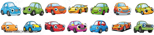 Cartoon cars isolated featuring diverse colors and cheerful expressions. These cartoon cars, rendered with vibrant hues, showcase funny and playful eyes.