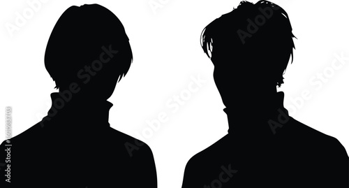 Silhouette Portraits Two People with Turtlenecks, Black on White Background, Artistic Style
