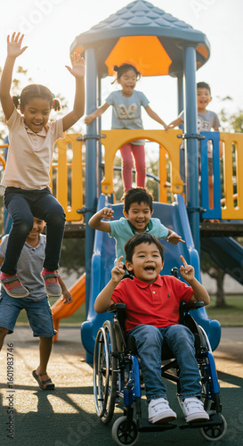 Group of diverse children playing on a playground structure, one child in a wheelchair, all smiling and having fun.