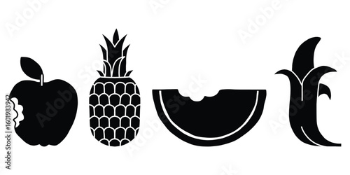 Silhouette Fruit Icons Cartoon Apple, Pineapple, Watermelon, Banana Vectors