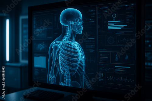 AI generated ultra detailed lateral skeleton scan with digital analysis UI in a futuristic medical environment with glowing blue tones