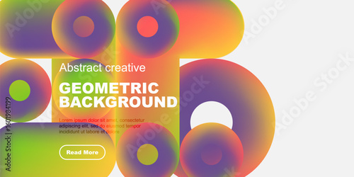 Vibrant geometric shapes overlap, creating colorful abstract background. Text block includes sample content, button. Modern design.