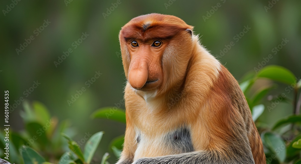 Naklejka premium A wild male proboscis monkey with its distinctive large nose, resting among the green foliage of a rainforest.