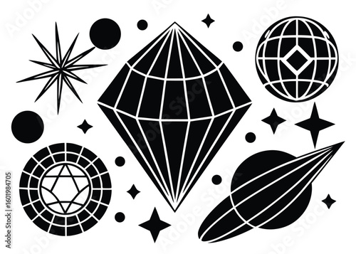Cosmic geometric shapes and celestial bodies isolated on transparent background