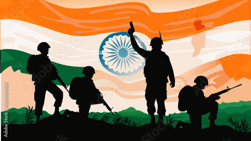 Honoring Indian soldiers in a patriotic tribute with the Indian flag in the background vector art