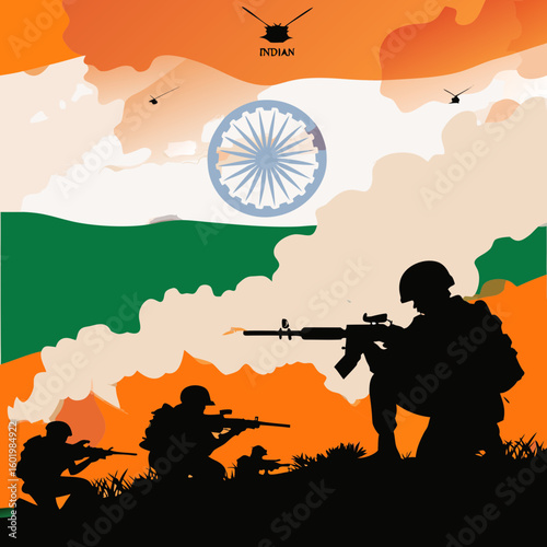 Brave Indian soldiers silhouetted against the national flag defending their nation with stylized