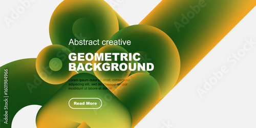 Abstract geometric background features vibrant green, orange hues. Text block includes sample lorem ipsum, button present. Modern design.