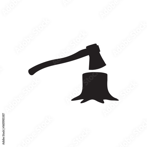 Axe and tree stump vector icon isolated on white background. Simple flat illustration of lumberjack work instrument, forestry industry symbol.
