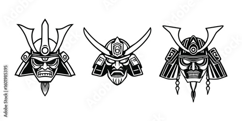 Powerful Japanese samurai helmets symbolize strength honor and warrior spirit in striking graphic style vector illustration