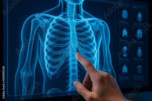 AI generated high detail digital chest scan shows ribcage and spine with human finger interacting medical data in futuristic diagnostic interface