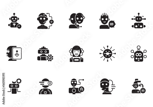Set of black glyph artificial intelligence icons symbolizing robotics automation and machine learning for digital transformation