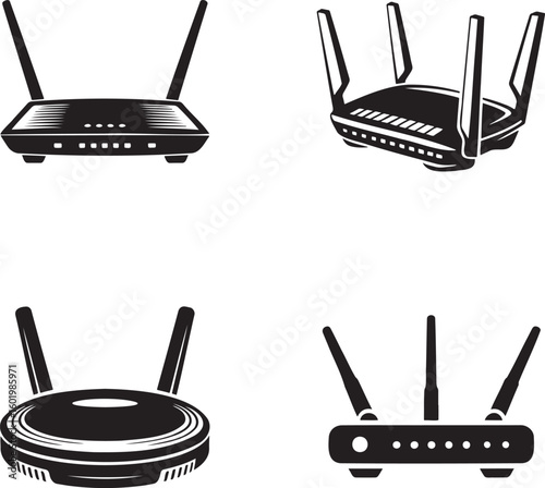 Set of WIFI Router silhouette vector illustration isolated On Transparent Background 