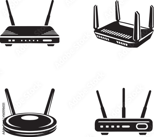 Set of WIFI Router silhouette vector illustration isolated On Transparent Background 