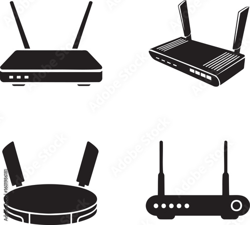 Set of WIFI Router silhouette vector illustration isolated On Transparent Background 