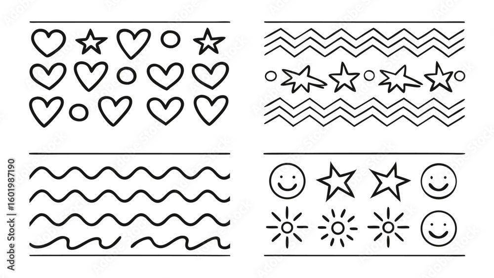 Obraz premium Black Outline Shapes Hearts Stars Smiles Waves Zigzags