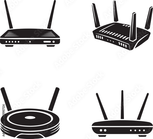 Set of WIFI Router silhouette vector illustration isolated On Transparent Background 
