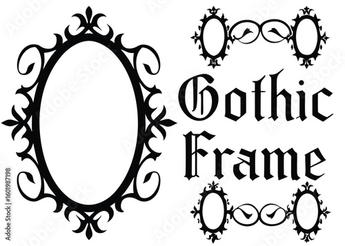 Ornate gothic oval frame and decorative elements isolated on transparent background